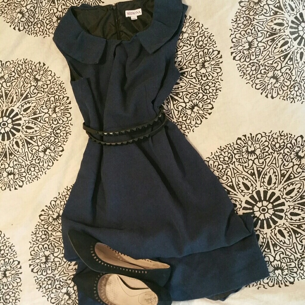 Navy blue tweed dress with Peter Pan collar